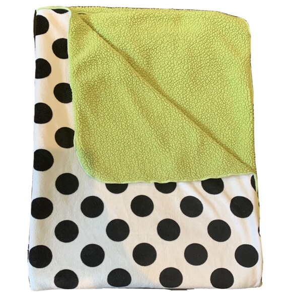 Little Miss Matched White Black Green Polka Dot Sherpa Minky Plush Baby Blanket - Picture 1 of 3